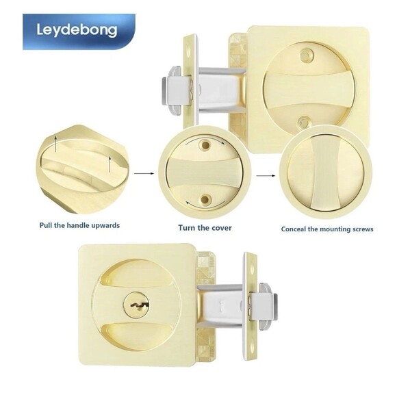 Leydebong Pack of 2 Gold Pocket Door Lock with Keys Square Pocket Door Hardware - Picture 2 of 15